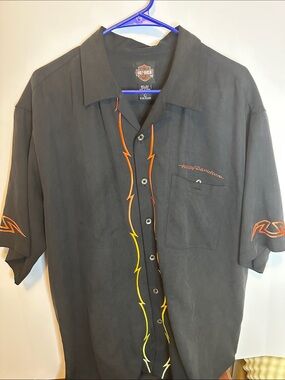 Harley-Davidson Black Short-Sleeve Button-Up with Orange & Yellow Lightning Trim